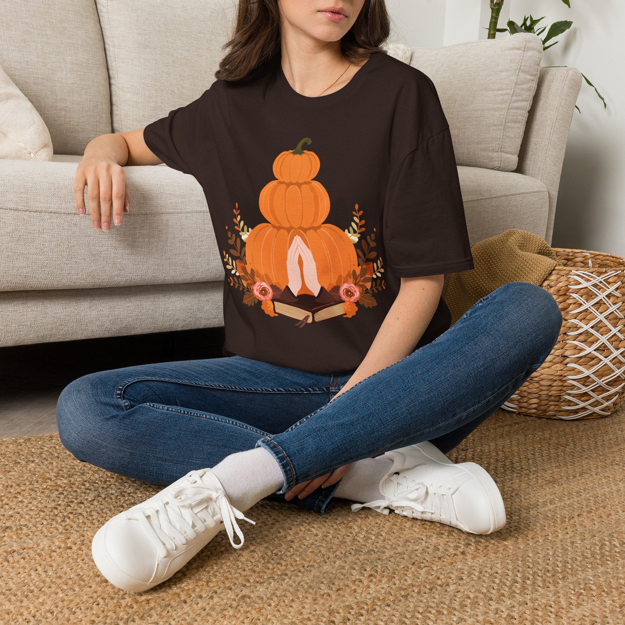 Pumpkin Stack T‑Shirt — Autumn Floral Fall Graphic Tee