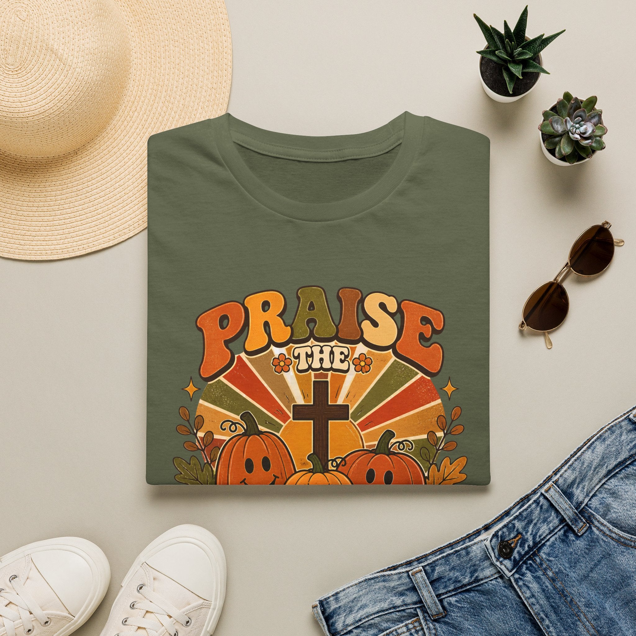 Praise the Lord Fall T-Shirt — Retro Pumpkin & Cross Christian Tee