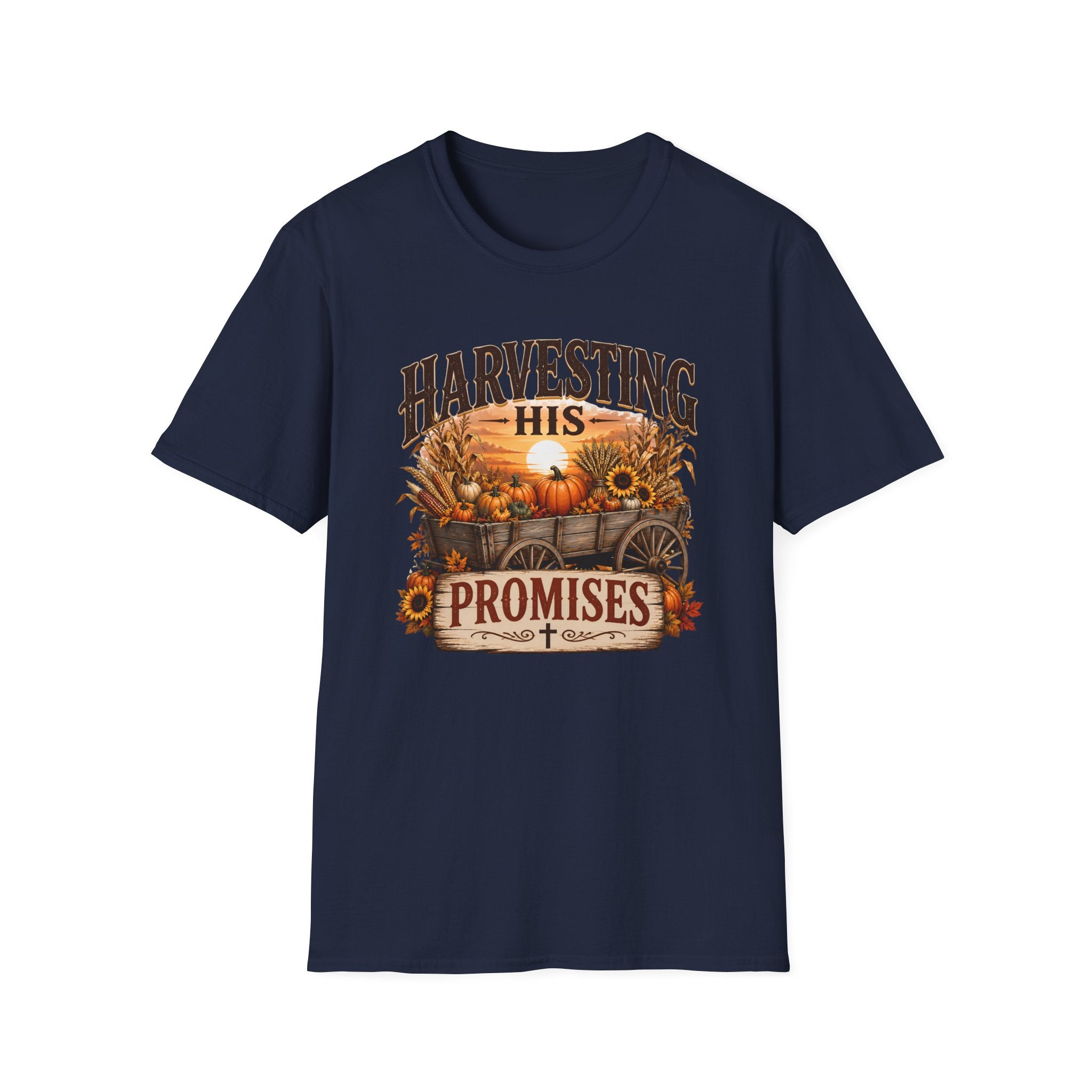 Harvesting His Promises T-Shirt — Fall Pumpkin & Sunflower Faith Tee