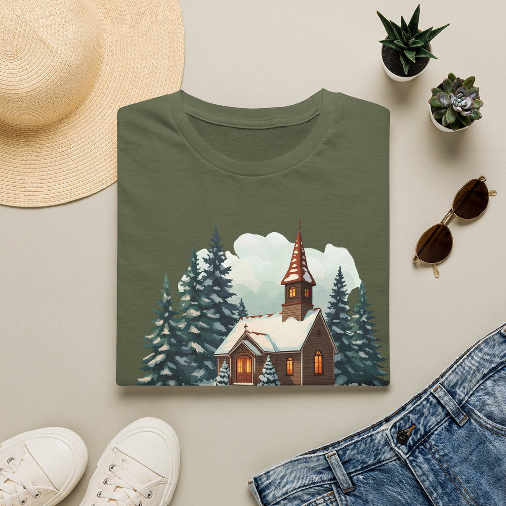 T-Shirt — Cozy Winter Chapel Graphic Tee (Snowy Pine Church)
