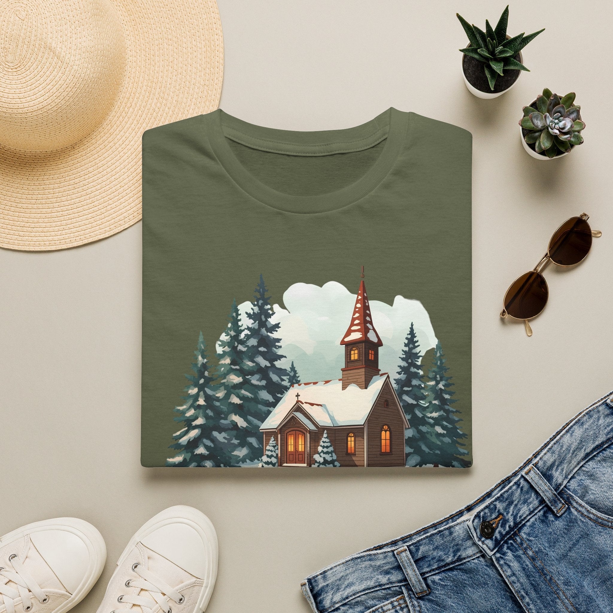 T-Shirt — Cozy Winter Chapel Graphic Tee (Snowy Pine Church)