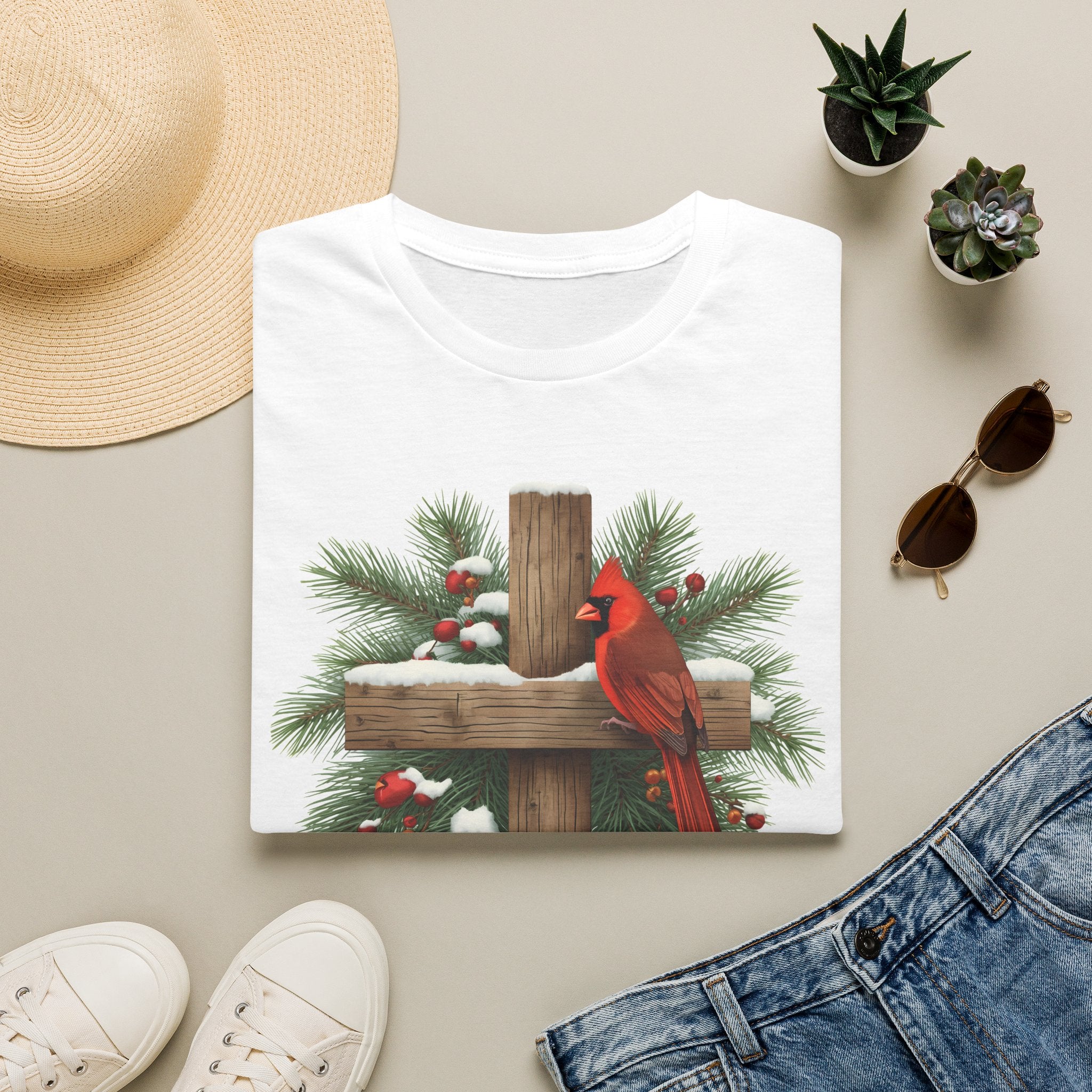Cardinal on Cross Christmas T-Shirt — Winter Nativity Holiday Tee