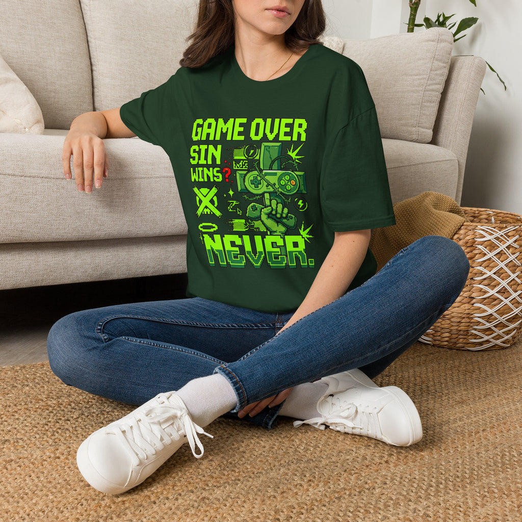 Video Game Christian T-Shirt — "Game Over? Sin Wins? Never." Neon Green Gamer Tee