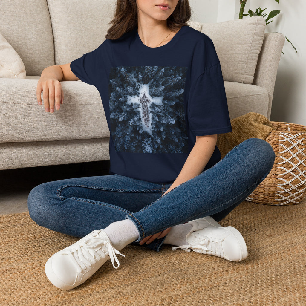 Cross in Snow Aerial Print T-Shirt — Minimalist Winter Graphic Tee