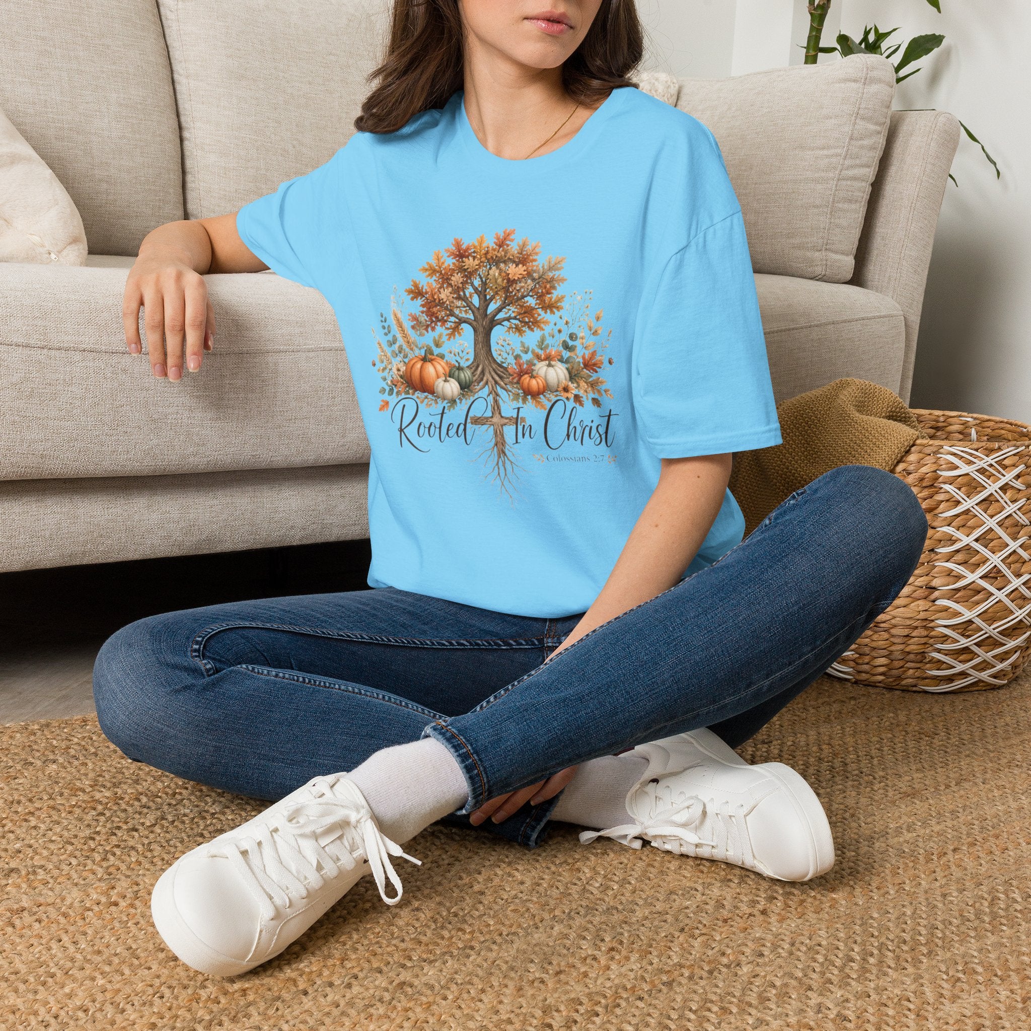 Fall Tree & Pumpkins T-Shirt — "Rooted in Christ" Autumn Faith Tee