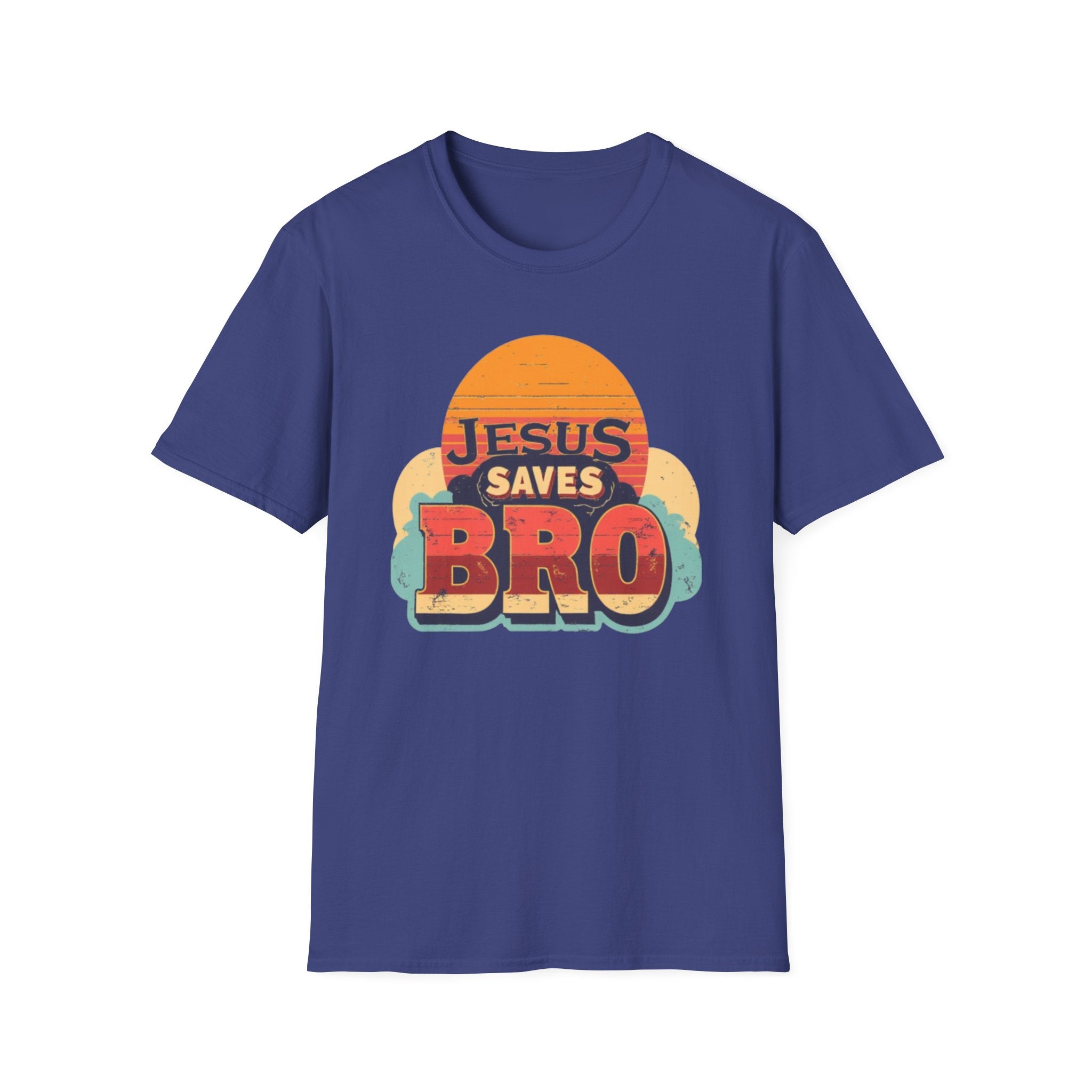 Christian T-Shirt — "Jesus Saves Bro" Retro Sunset Tee