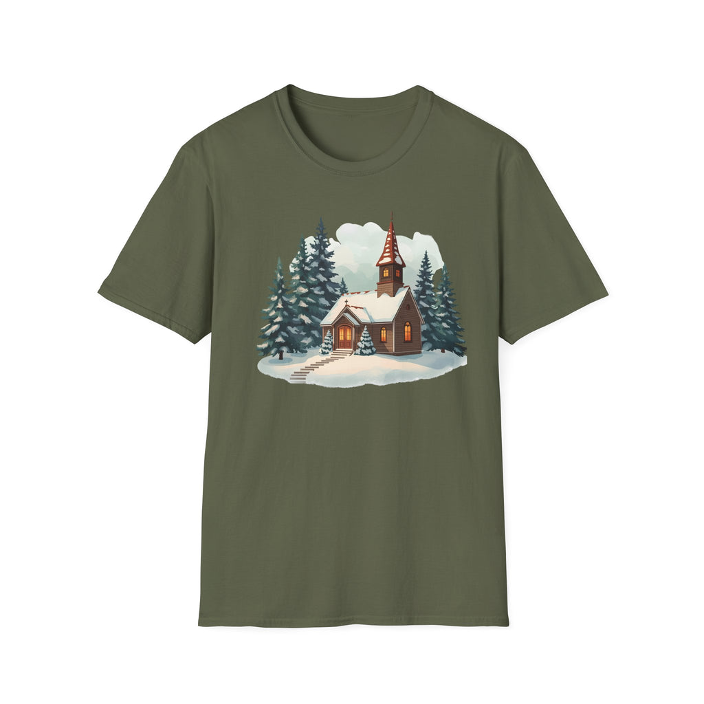 T-Shirt — Cozy Winter Chapel Graphic Tee (Snowy Pine Church)