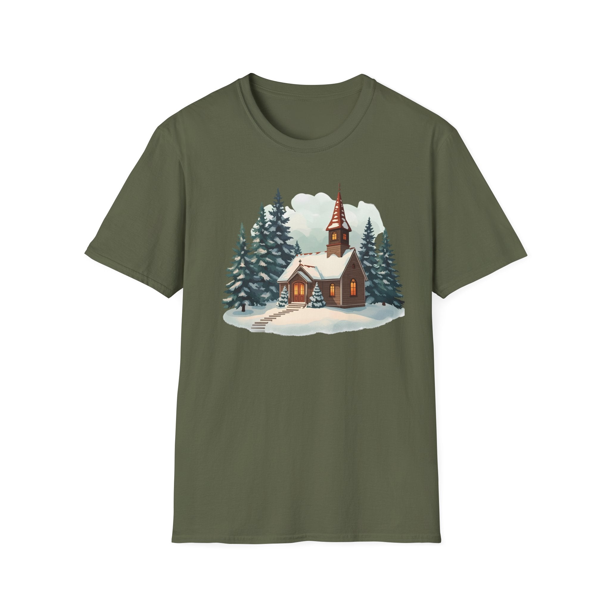 T-Shirt — Cozy Winter Chapel Graphic Tee (Snowy Pine Church)