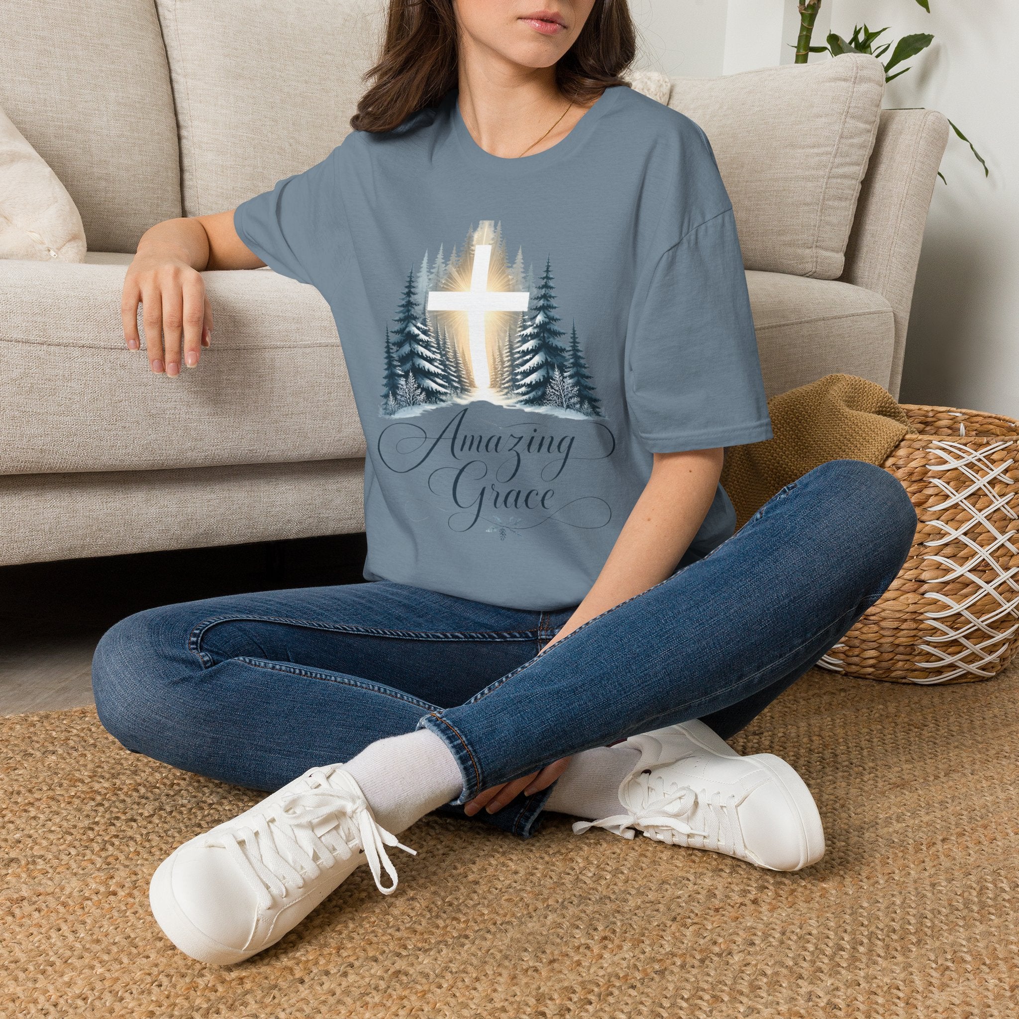 Christian T-Shirt — Cross in Pine Forest with "Amazing Grace" (Faith Tee)