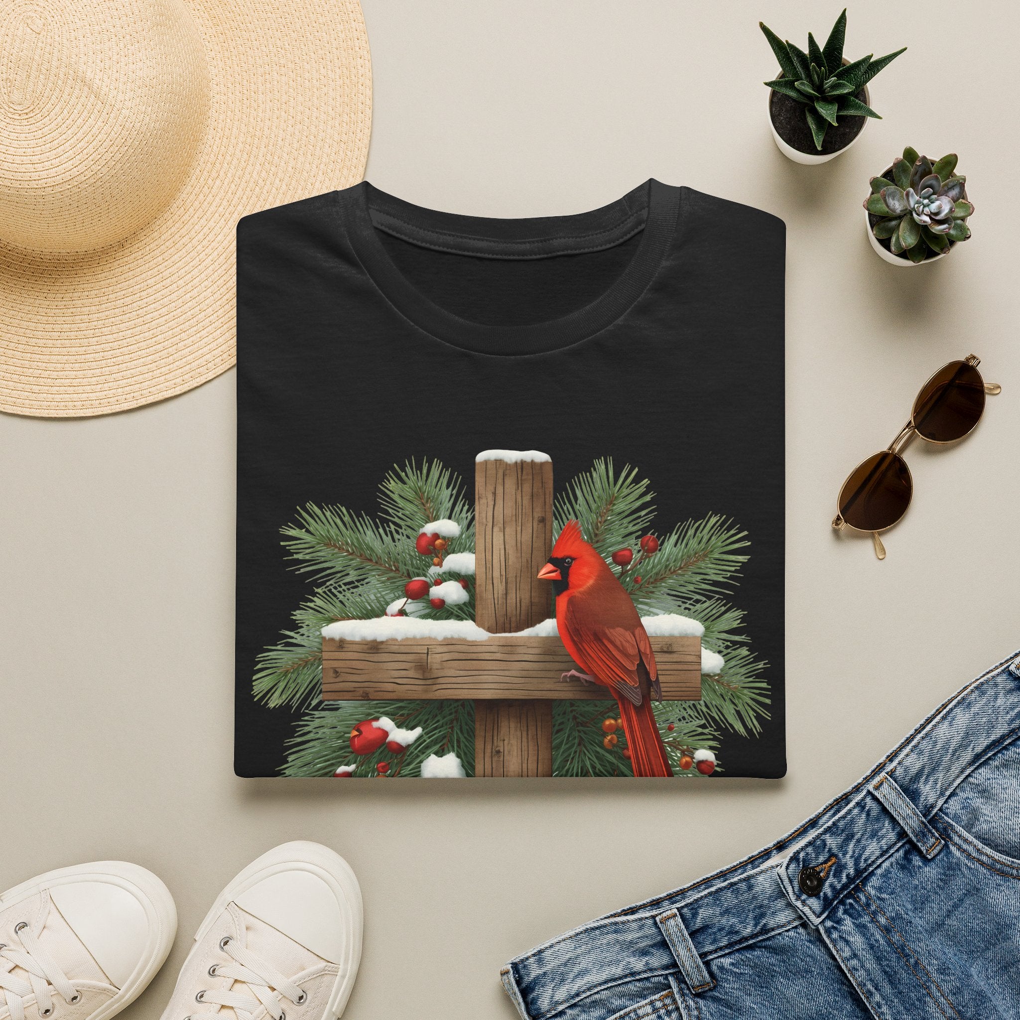 Cardinal on Cross Christmas T-Shirt — Winter Nativity Holiday Tee