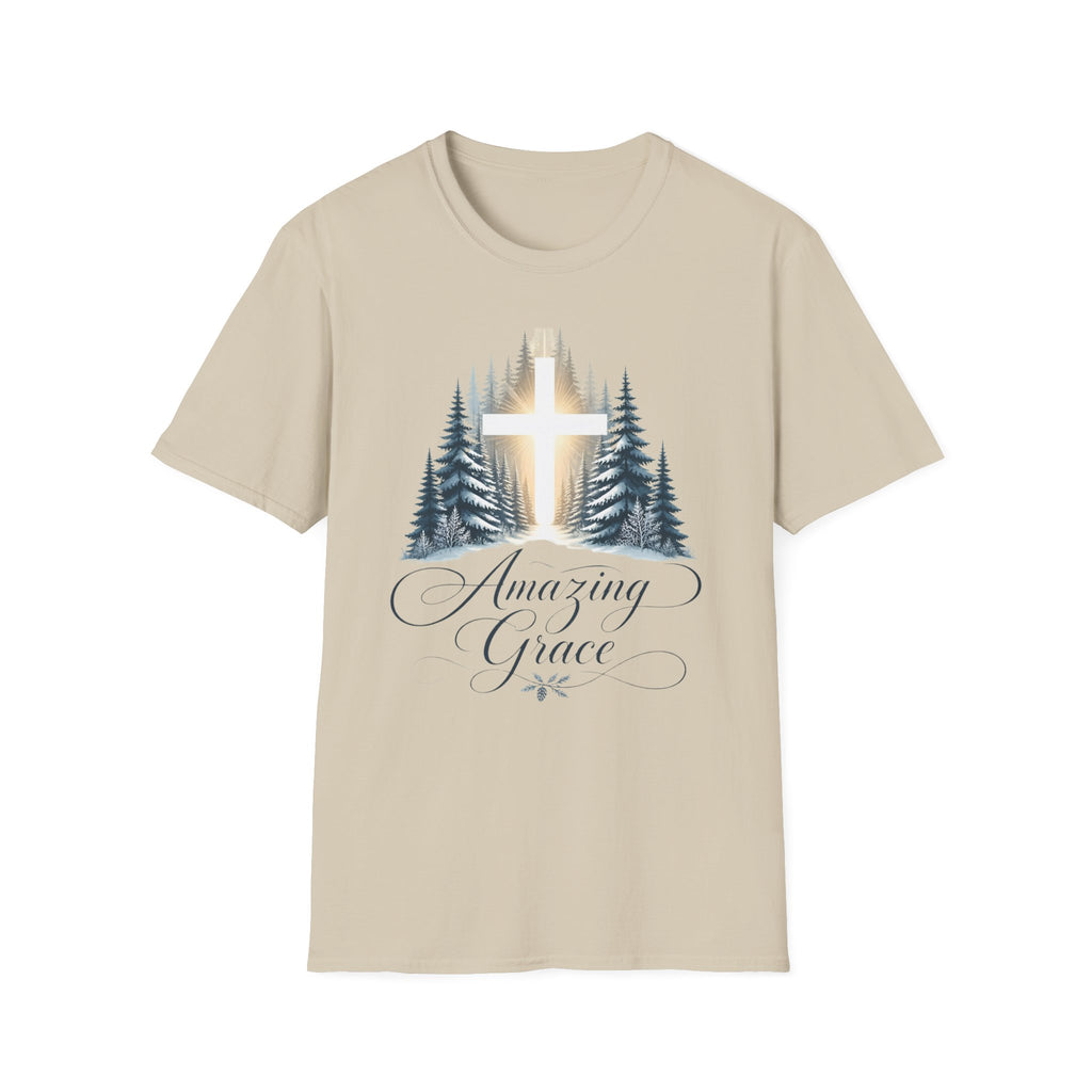 Christian T-Shirt — Cross in Pine Forest with "Amazing Grace" (Faith Tee)
