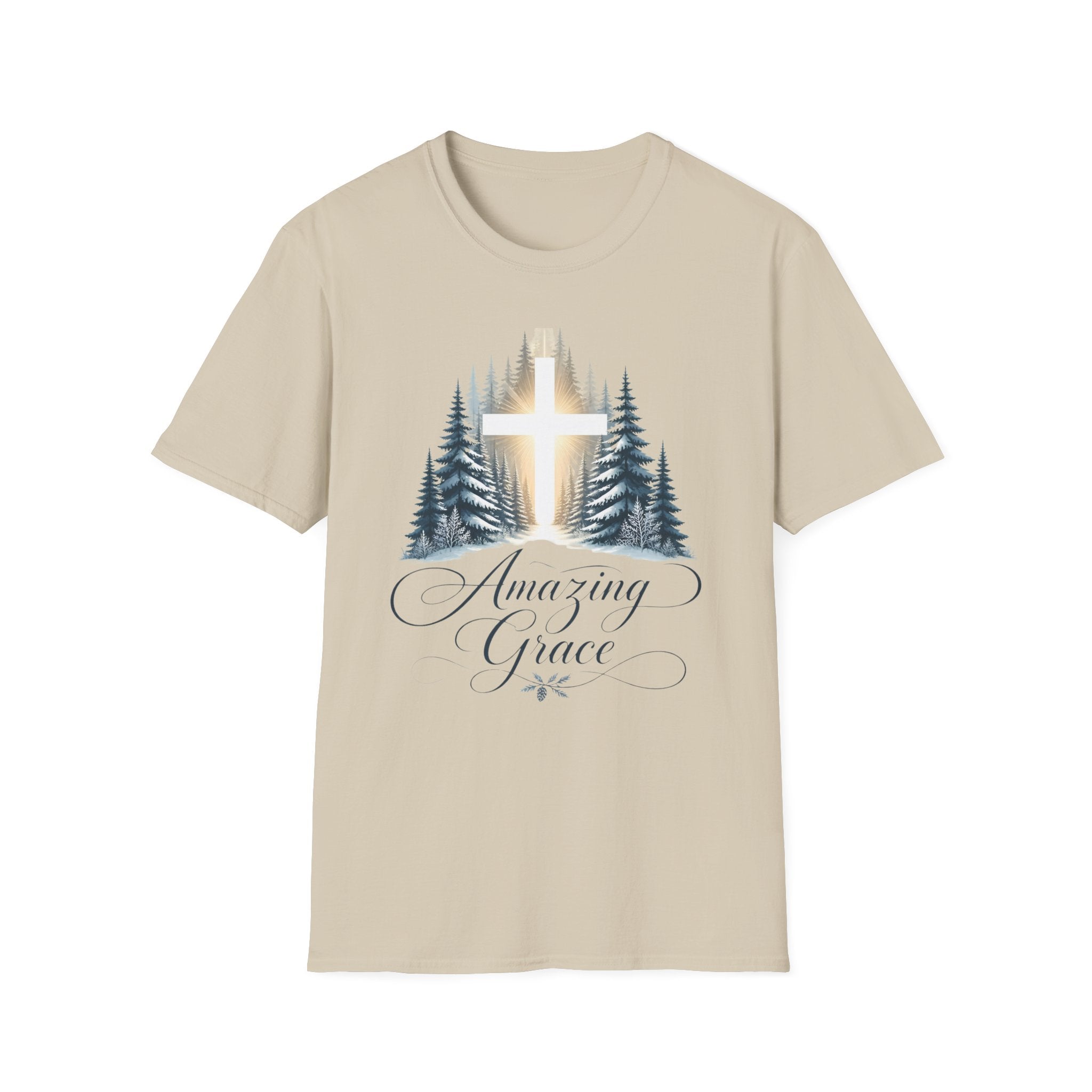 Christian T-Shirt — Cross in Pine Forest with "Amazing Grace" (Faith Tee)