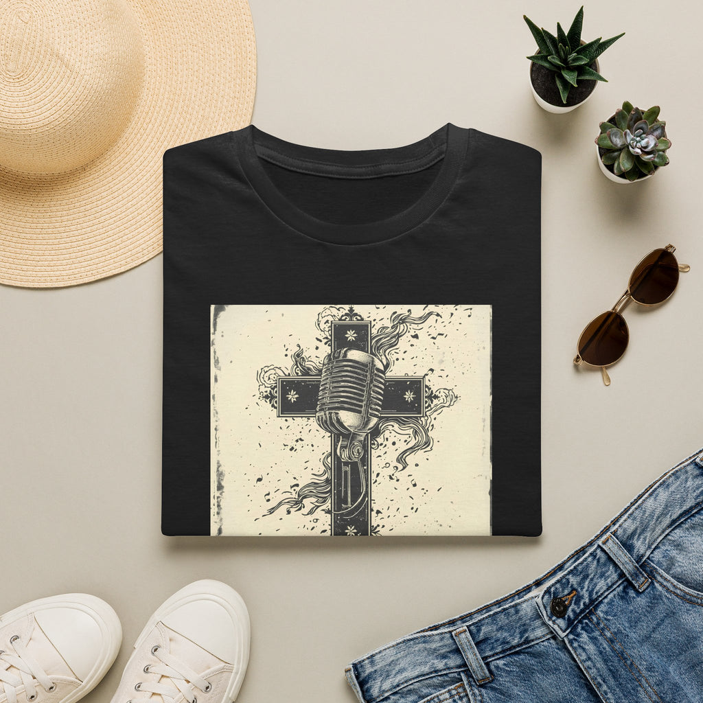 Vintage Microphone Cross T-Shirt — Retro Gospel Music Tee