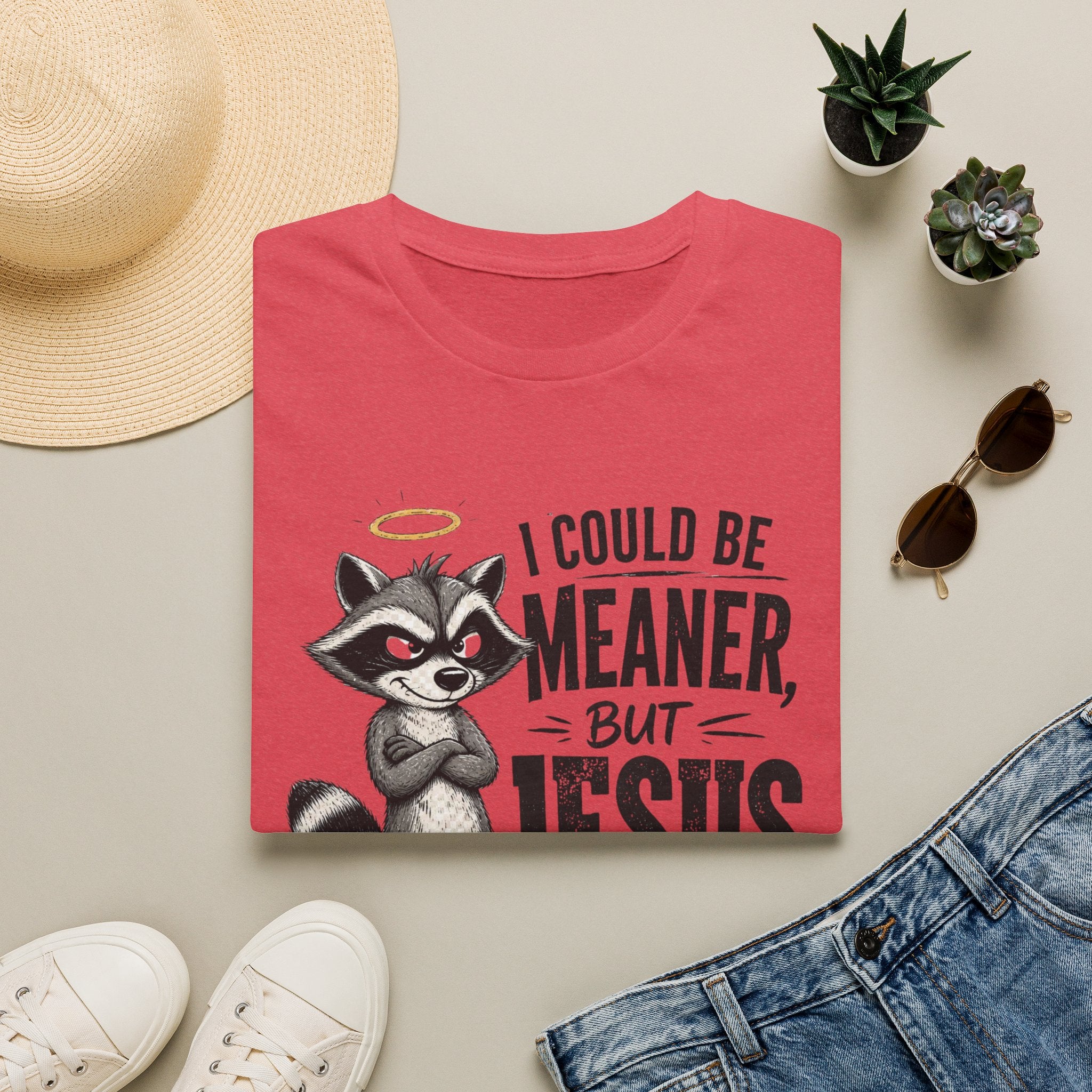 T‑Shirt — "I Could Be Meaner But Jesus Said No" Cute Raccoon Christian Tee