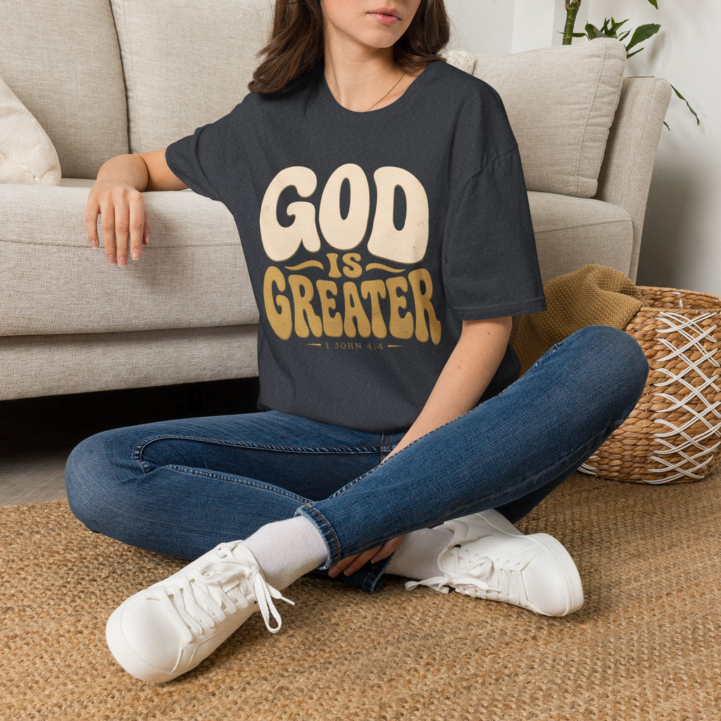 God Is Greater T-Shirt — Retro Faith Graphic Tee (1 John 4:4)