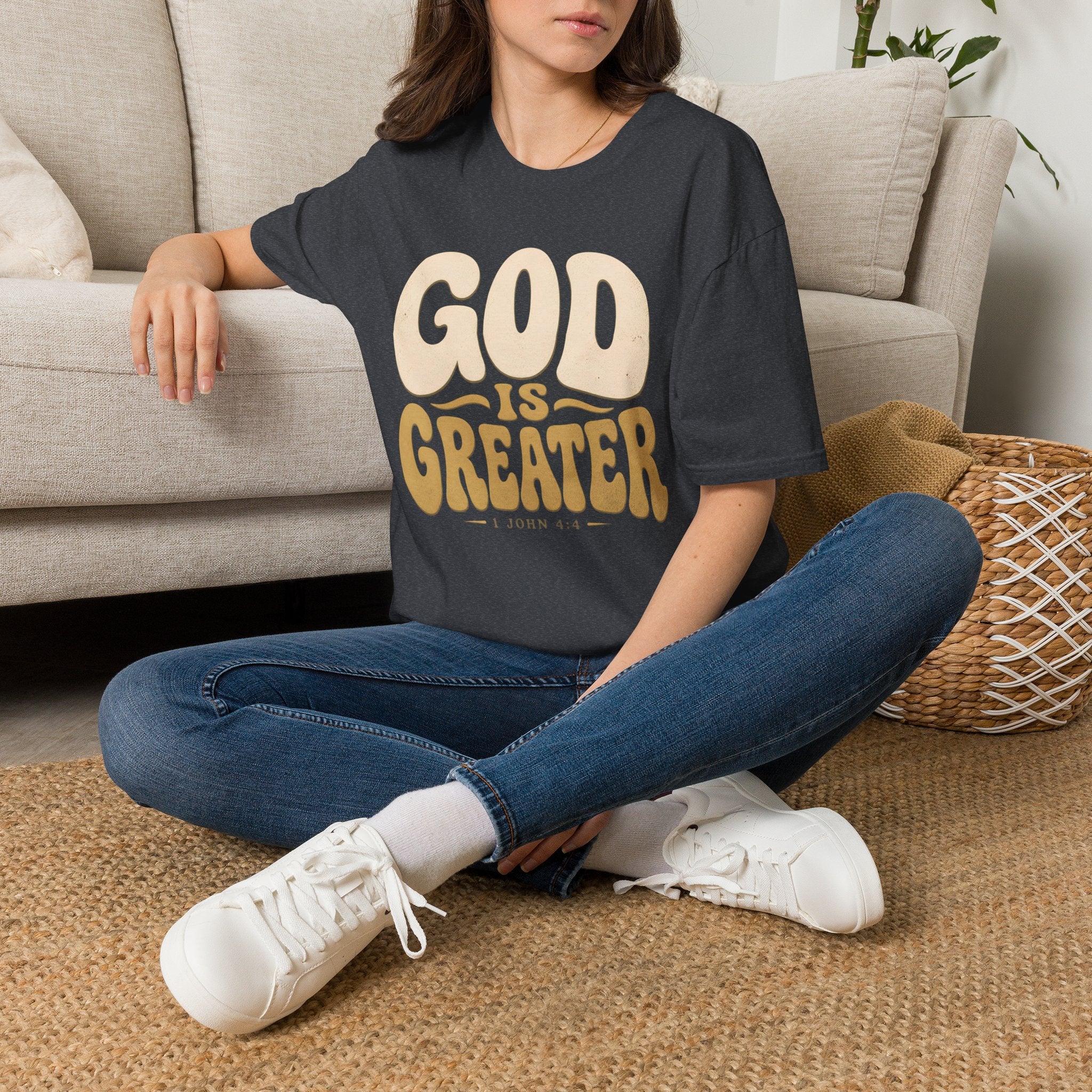 God Is Greater T-Shirt — Retro Faith Graphic Tee (1 John 4:4)
