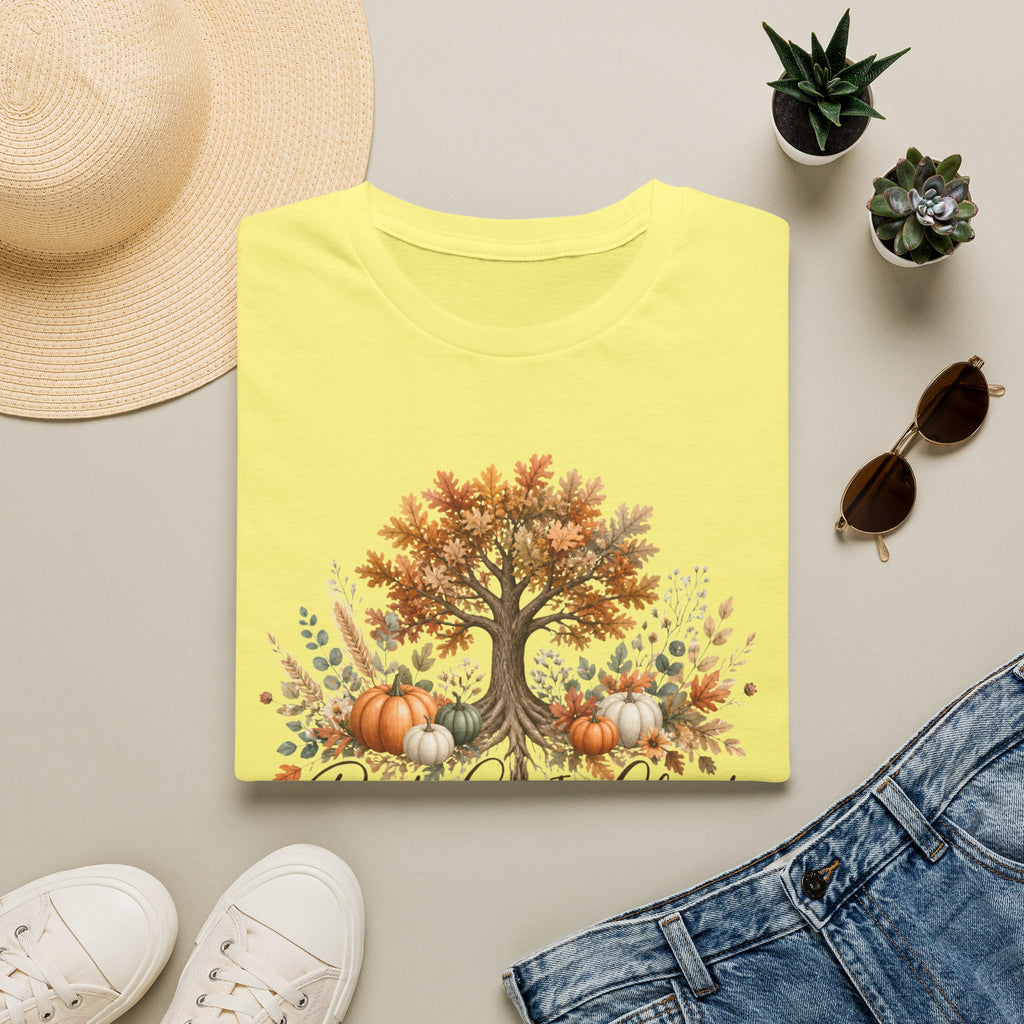 Fall Tree & Pumpkins T-Shirt — "Rooted in Christ" Autumn Faith Tee