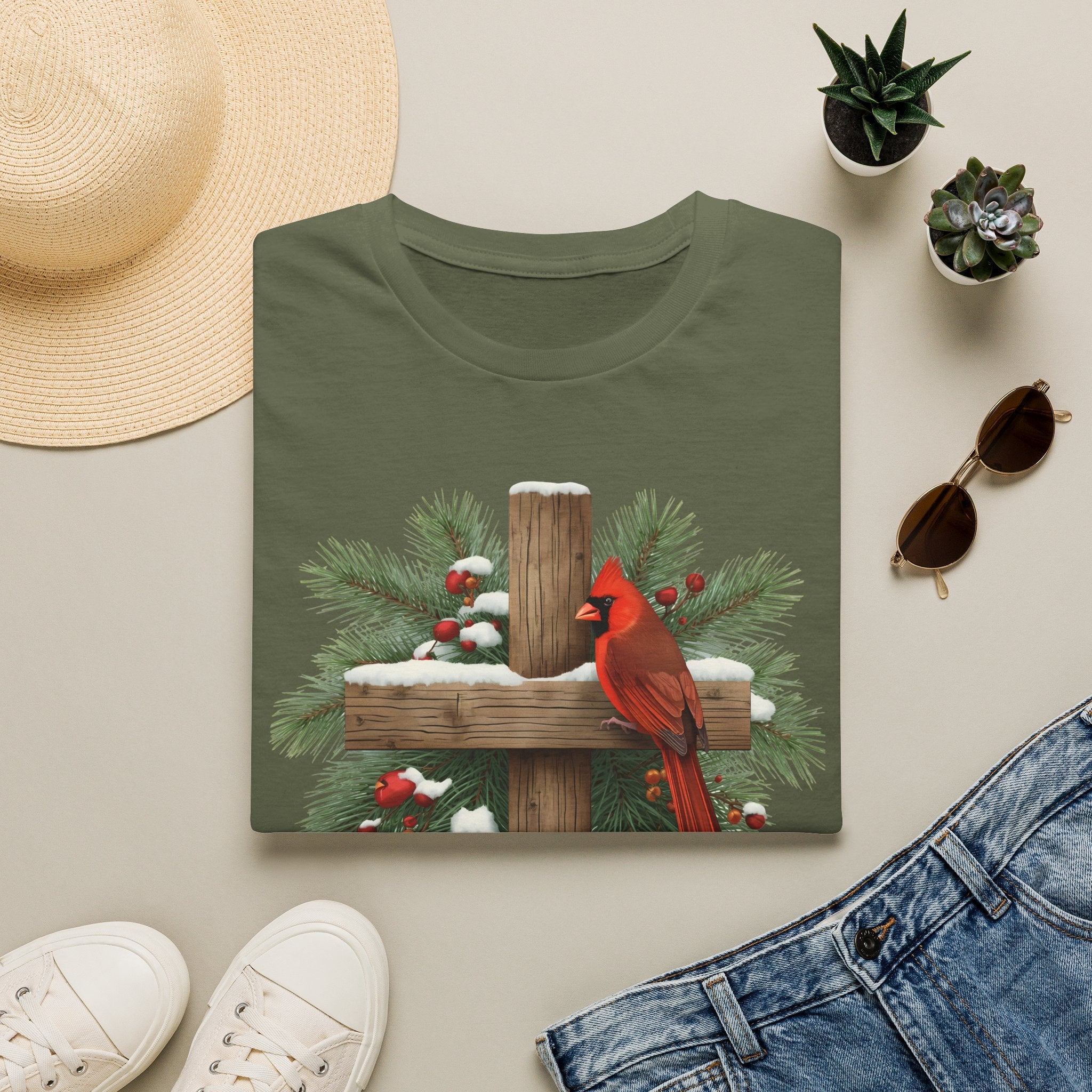 Cardinal on Cross Christmas T-Shirt — Winter Nativity Holiday Tee