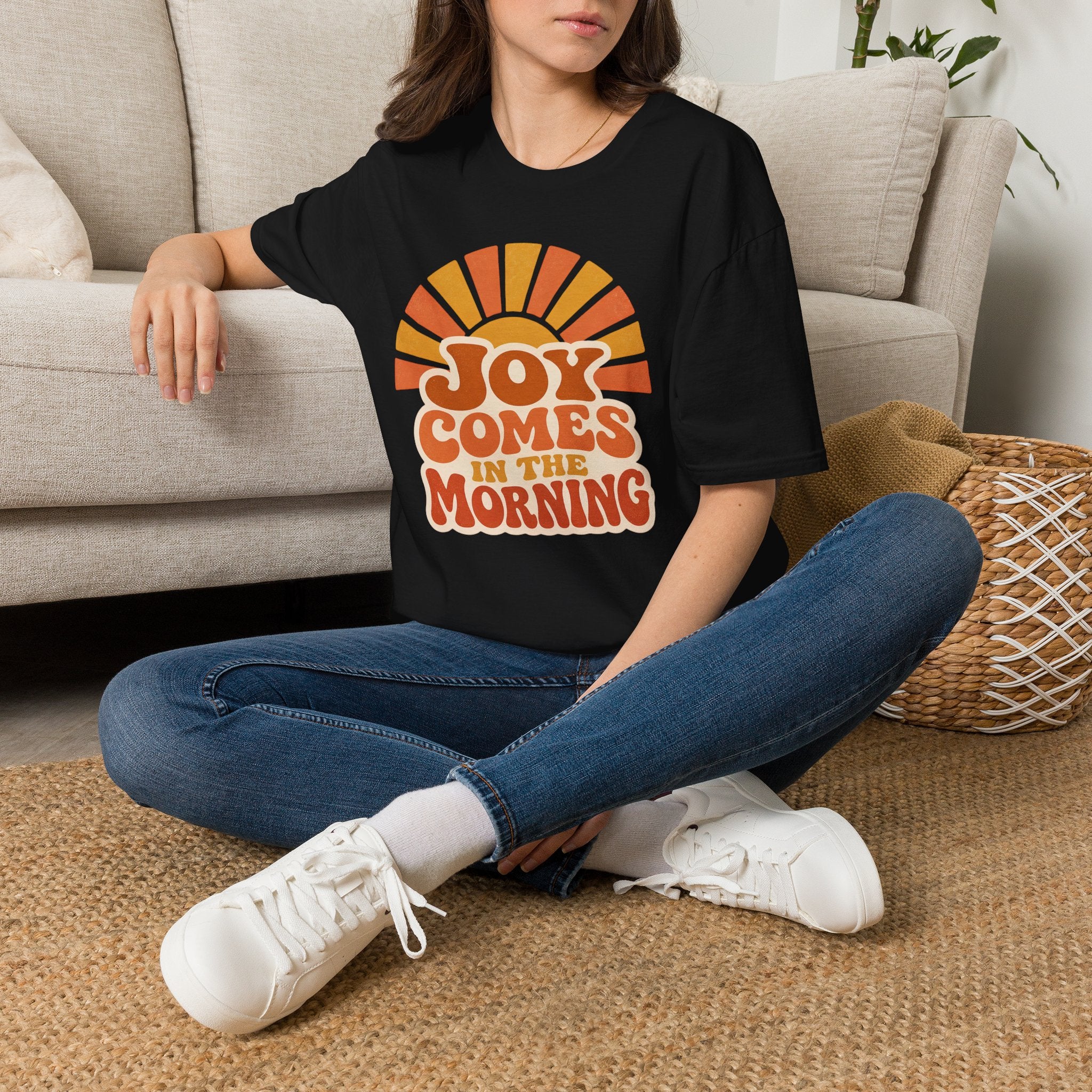 Joy Comes in the Morning T-Shirt — Retro Sunrise Graphic Tee