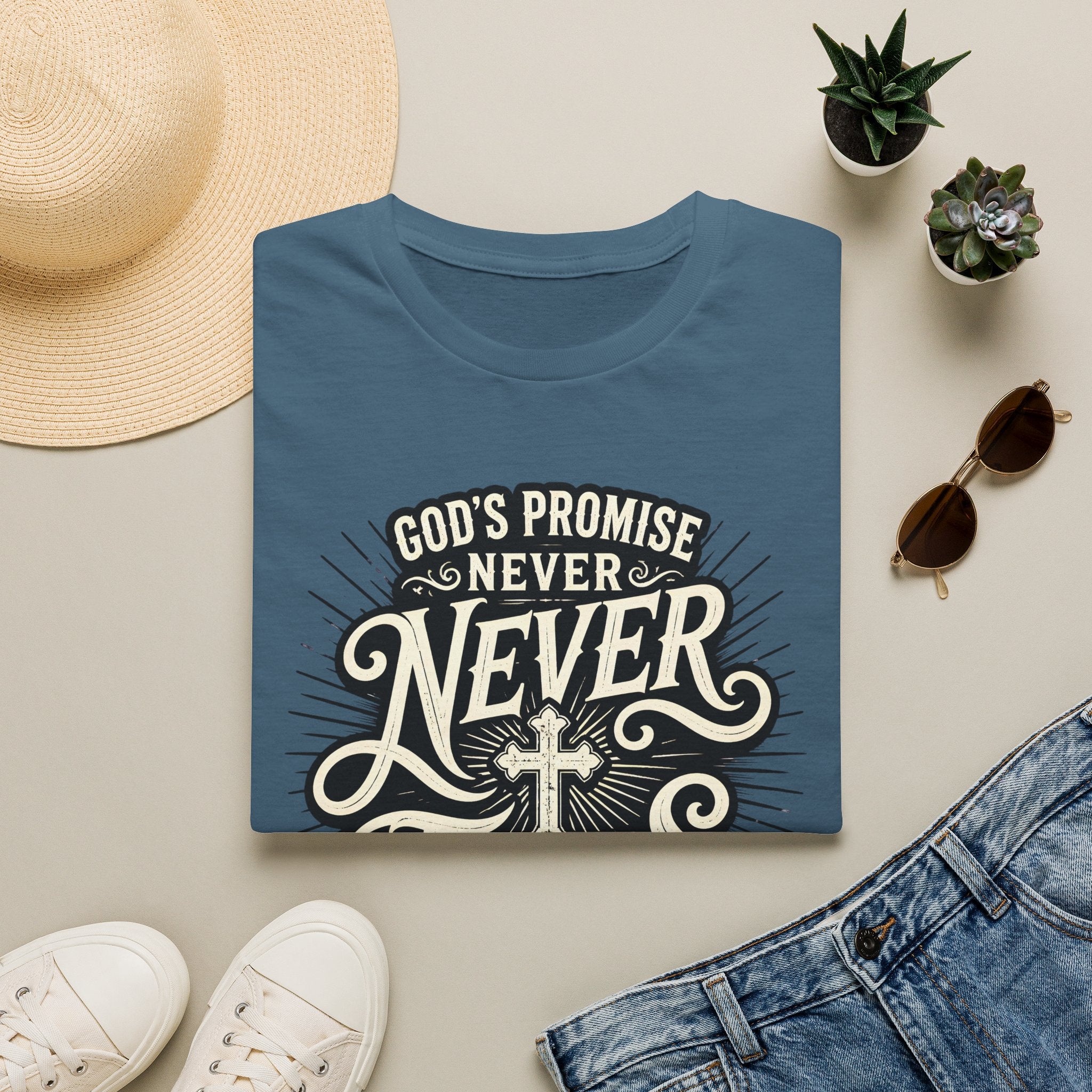 T-Shirt — “God’s Promise Never Never” Christian Faith Graphic