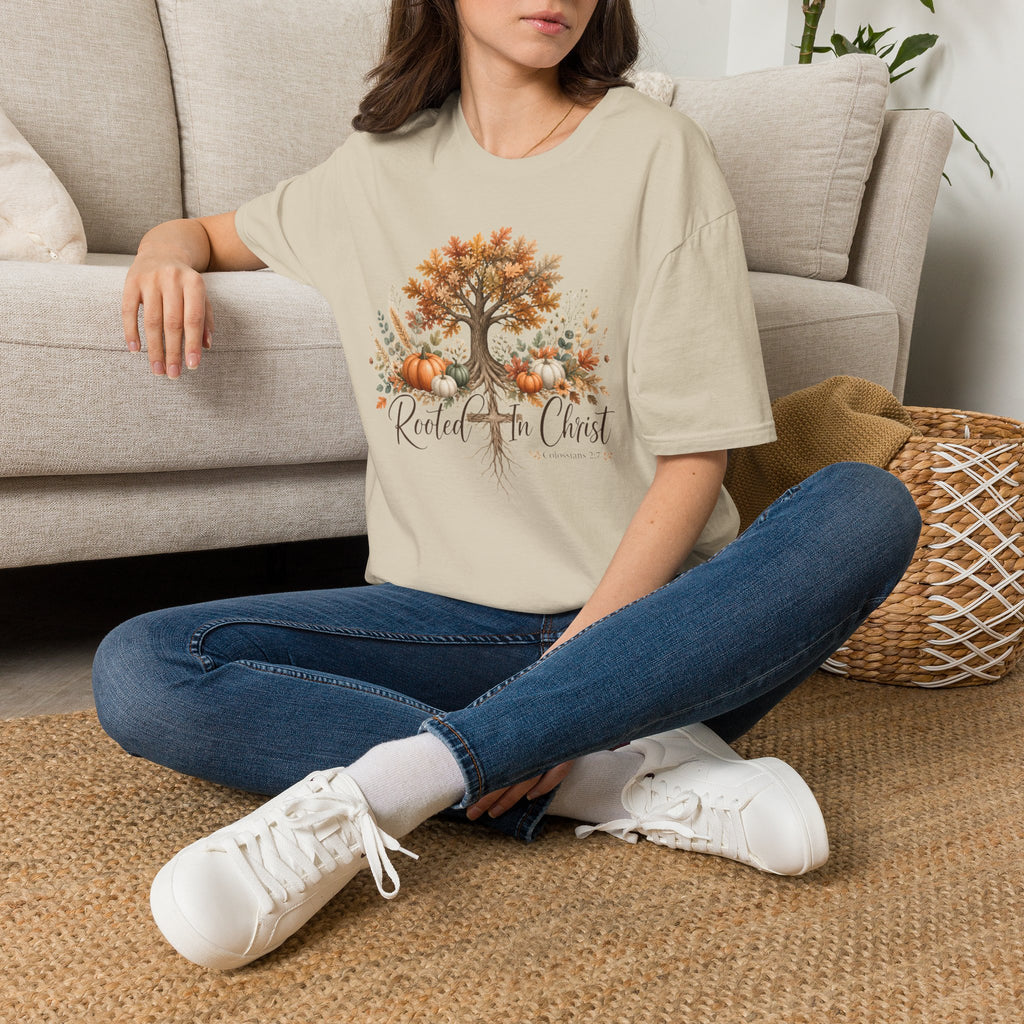 Fall Tree & Pumpkins T-Shirt — "Rooted in Christ" Autumn Faith Tee