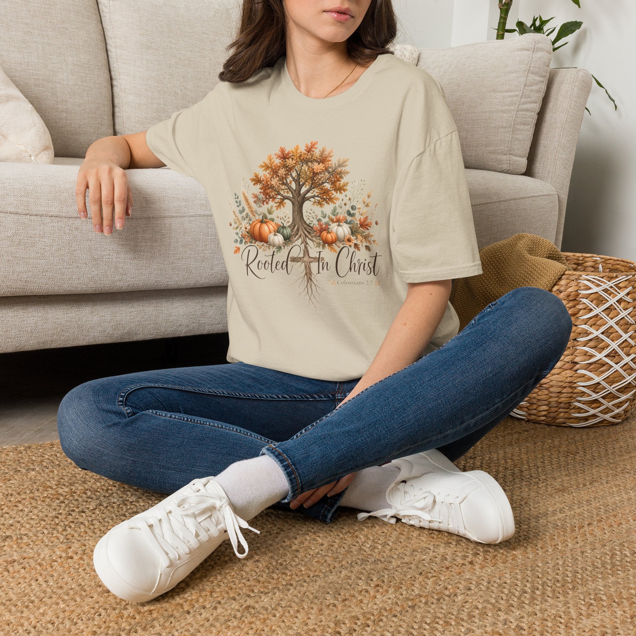 Fall Tree & Pumpkins T-Shirt — "Rooted in Christ" Autumn Faith Tee