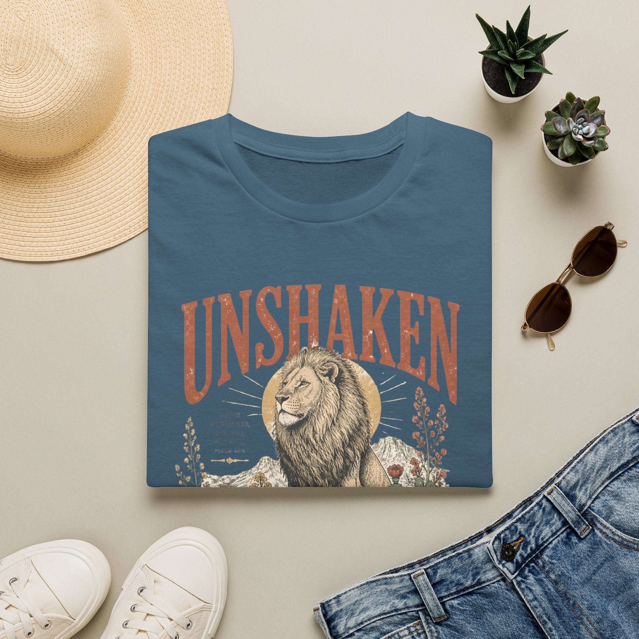 Unshaken Lion T‑Shirt — Vintage Floral Courage Tee