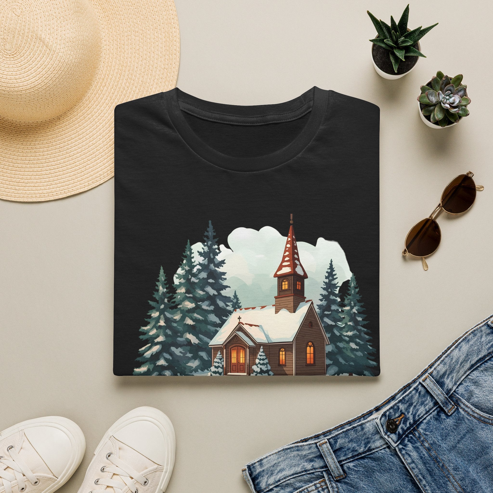T-Shirt — Cozy Winter Chapel Graphic Tee (Snowy Pine Church)