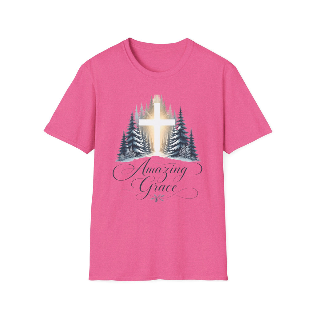 Christian T-Shirt — Cross in Pine Forest with "Amazing Grace" (Faith Tee)