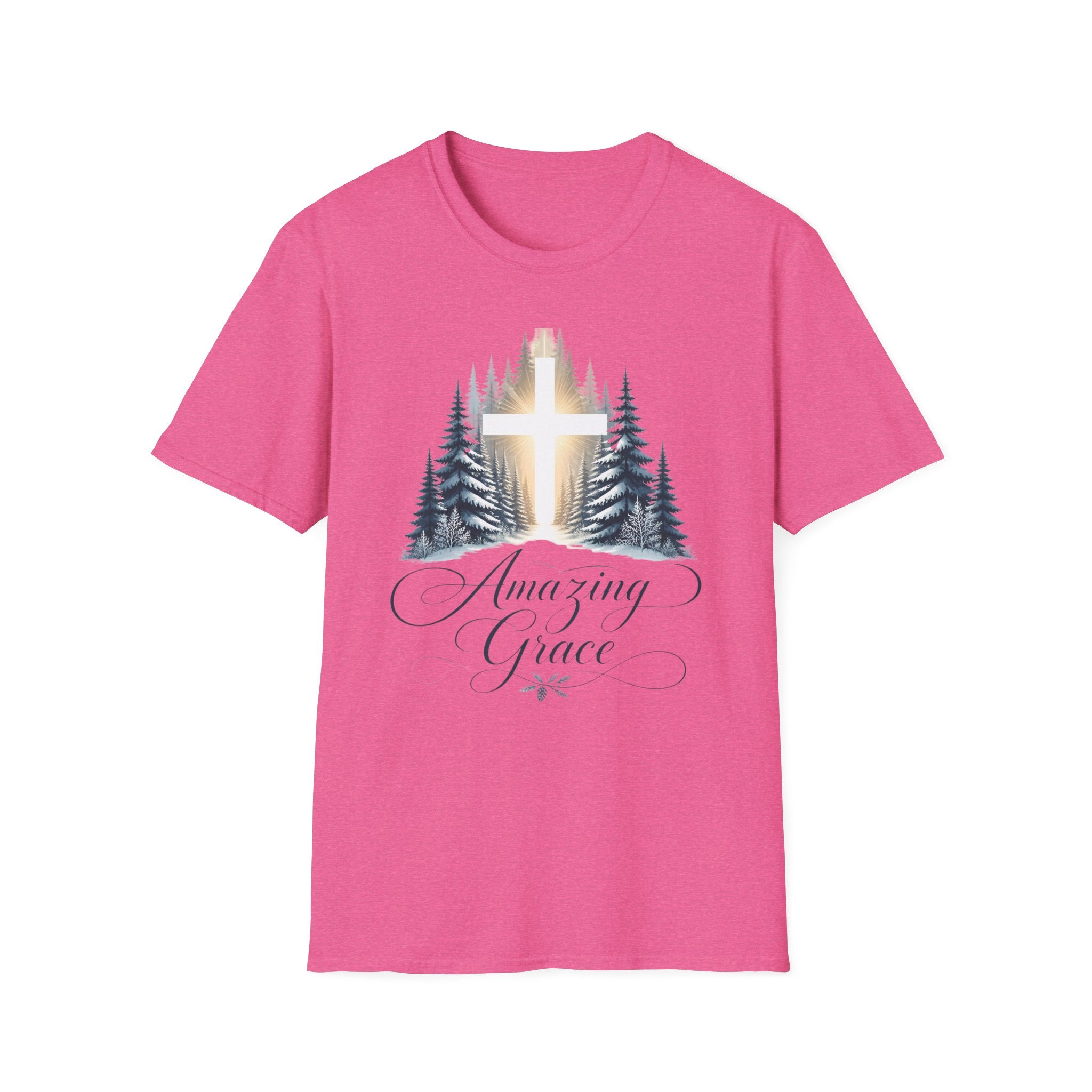 Christian T-Shirt — Cross in Pine Forest with "Amazing Grace" (Faith Tee)