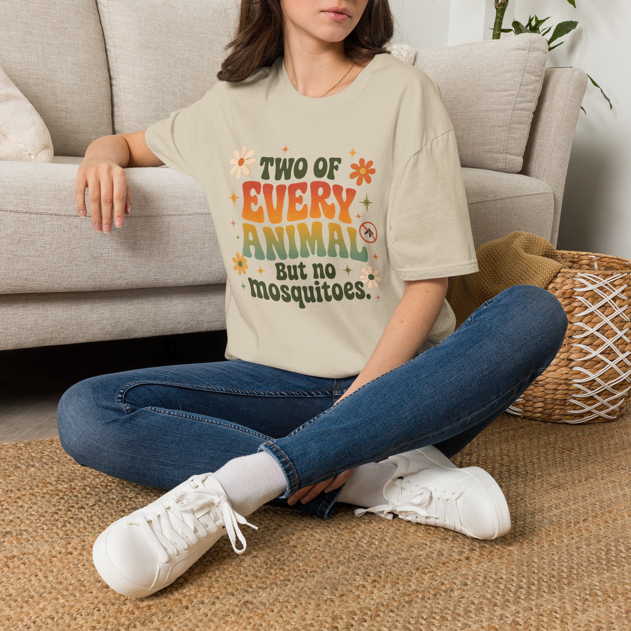 T-Shirt — Two of Every Animal But No Mosquitoes Retro Floral Graphic Tee