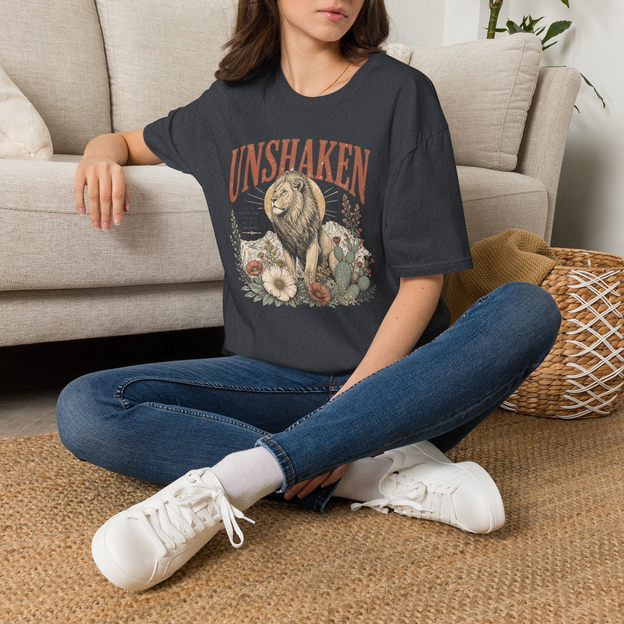 Unshaken Lion T‑Shirt — Vintage Floral Courage Tee