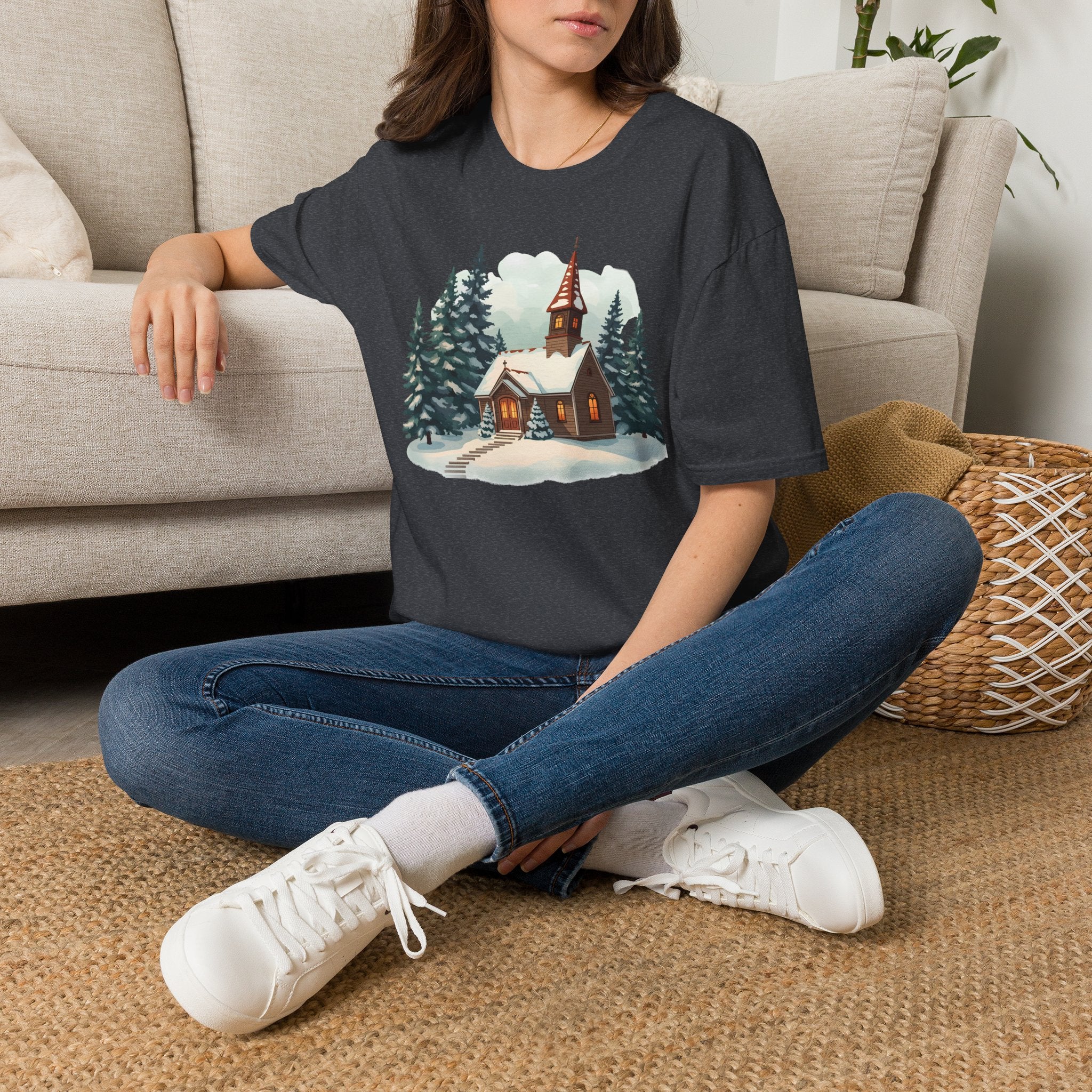 T-Shirt — Cozy Winter Chapel Graphic Tee (Snowy Pine Church)