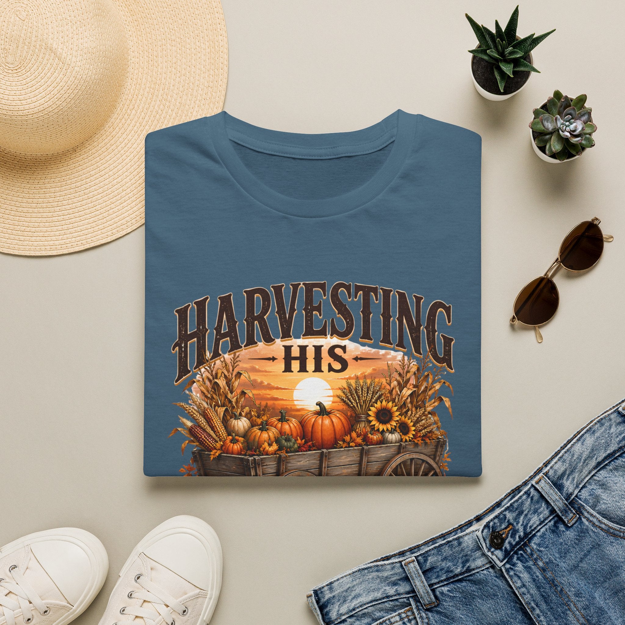 Harvesting His Promises T-Shirt — Fall Pumpkin & Sunflower Faith Tee