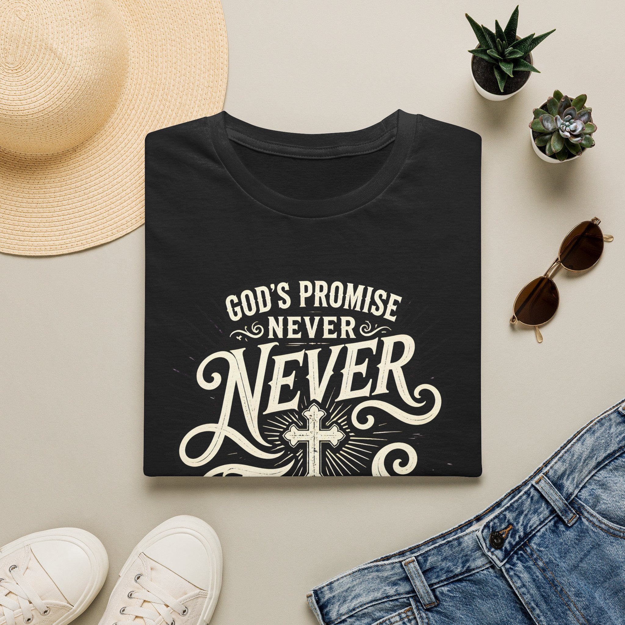 T-Shirt — “God’s Promise Never Never” Christian Faith Graphic