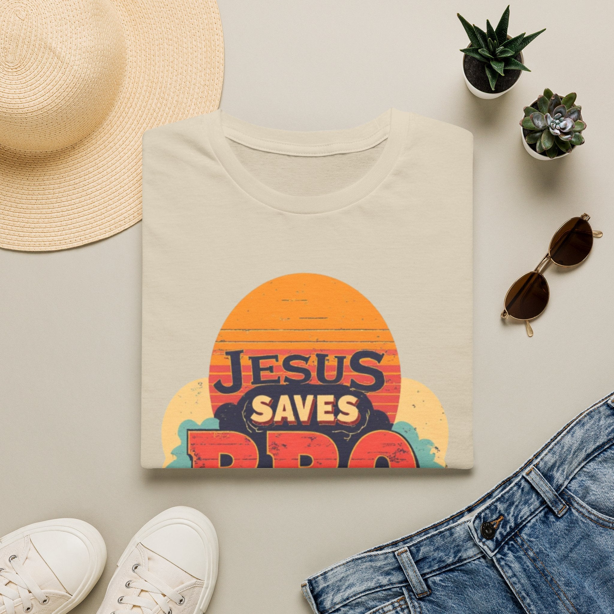Christian T-Shirt — "Jesus Saves Bro" Retro Sunset Tee