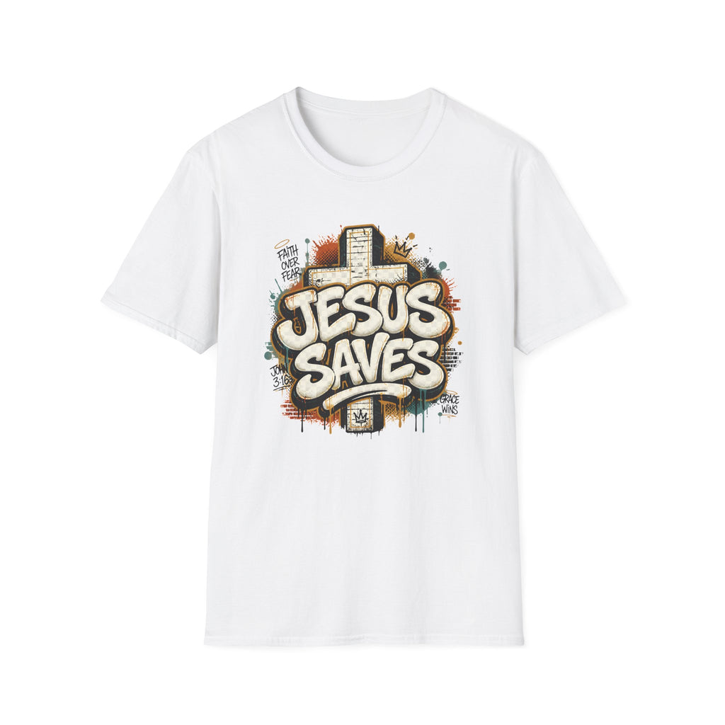 Jesus Saves T‑Shirt — Faith Graffiti Cross Christian Tee