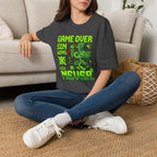 Video Game Christian T-Shirt — "Game Over? Sin Wins? Never." Neon Green Gamer Tee