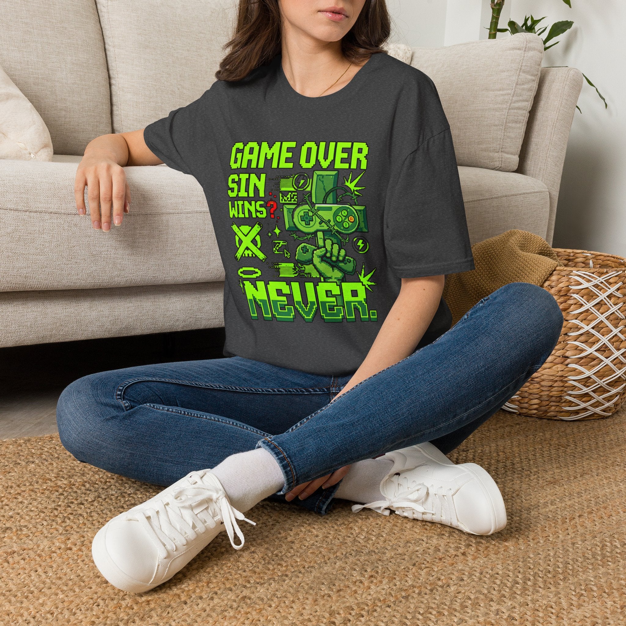 Video Game Christian T-Shirt — "Game Over? Sin Wins? Never." Neon Green Gamer Tee