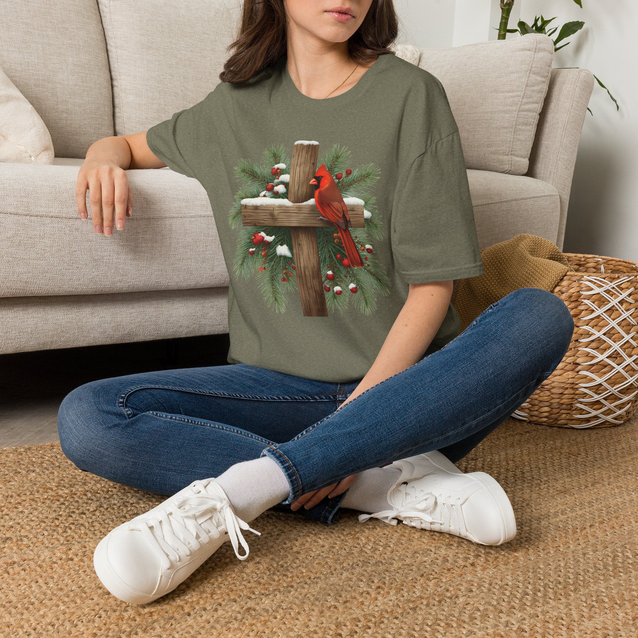 Cardinal on Cross Christmas T-Shirt — Winter Nativity Holiday Tee