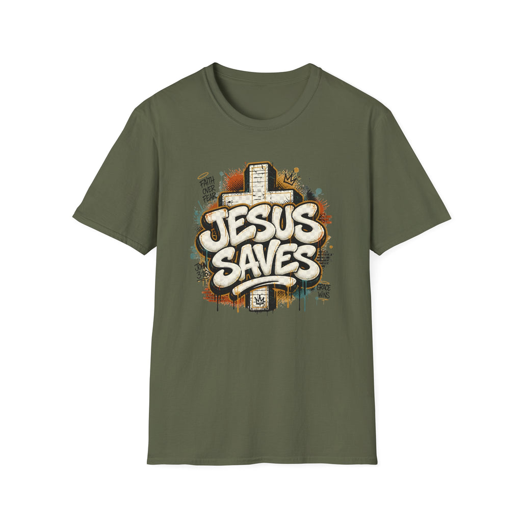 Jesus Saves T‑Shirt — Faith Graffiti Cross Christian Tee