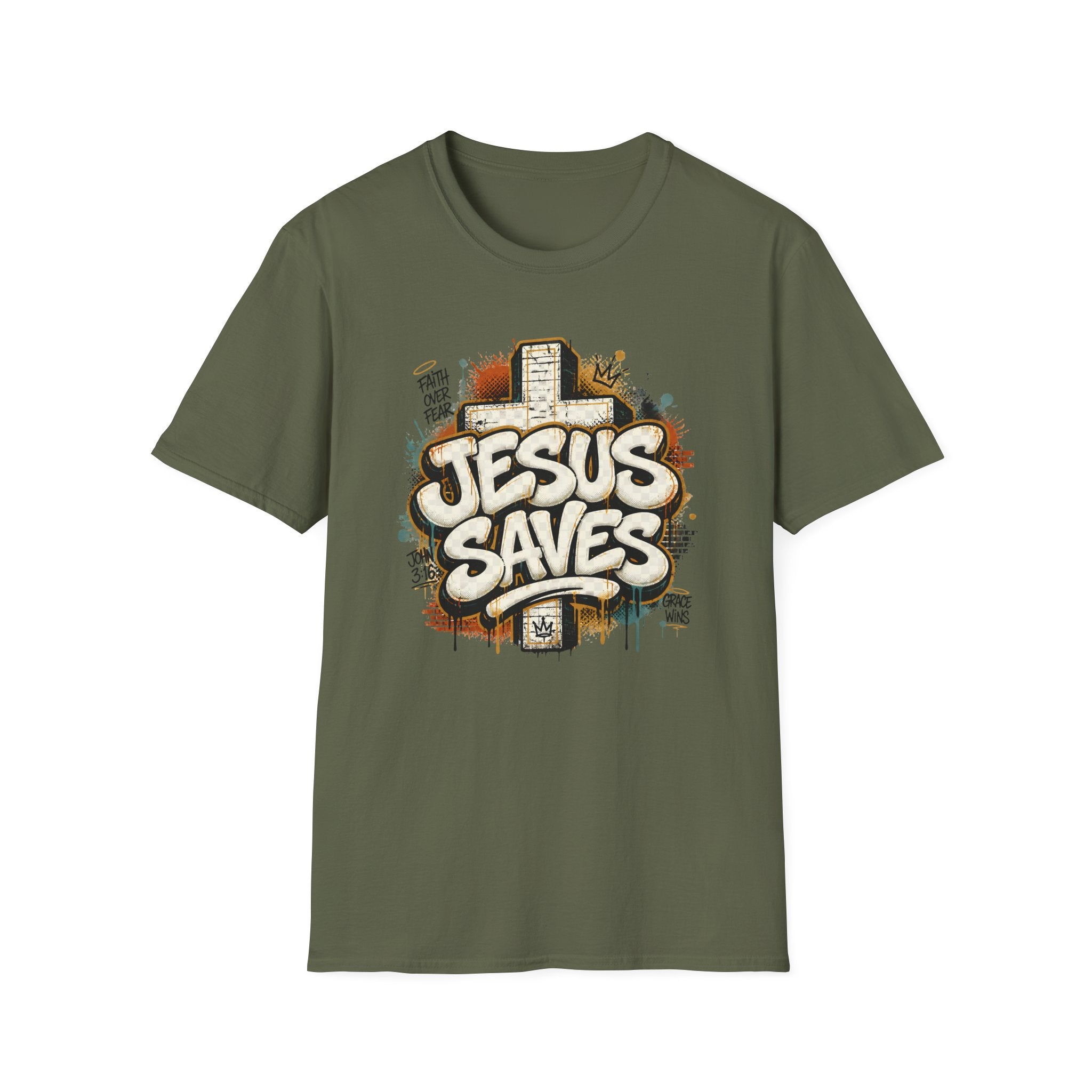Jesus Saves T‑Shirt — Faith Graffiti Cross Christian Tee