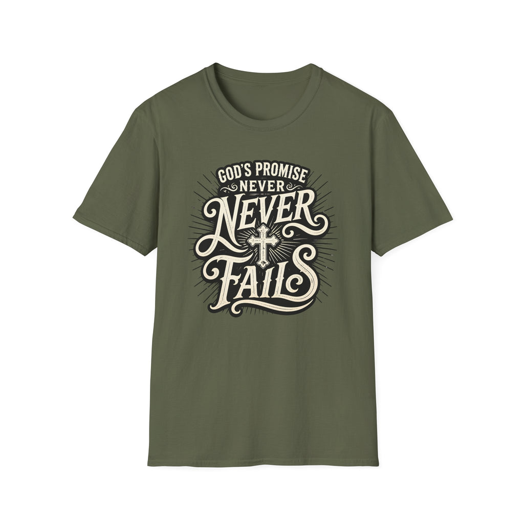 T-Shirt — “God’s Promise Never Never” Christian Faith Graphic