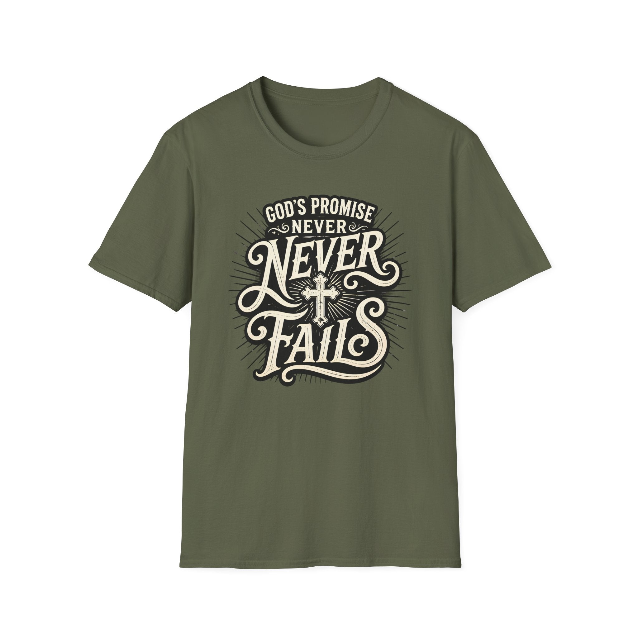 T-Shirt — “God’s Promise Never Never” Christian Faith Graphic