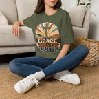 Christian T-Shirt — "Grace Never Quits" Retro Cross Sunrise Tee