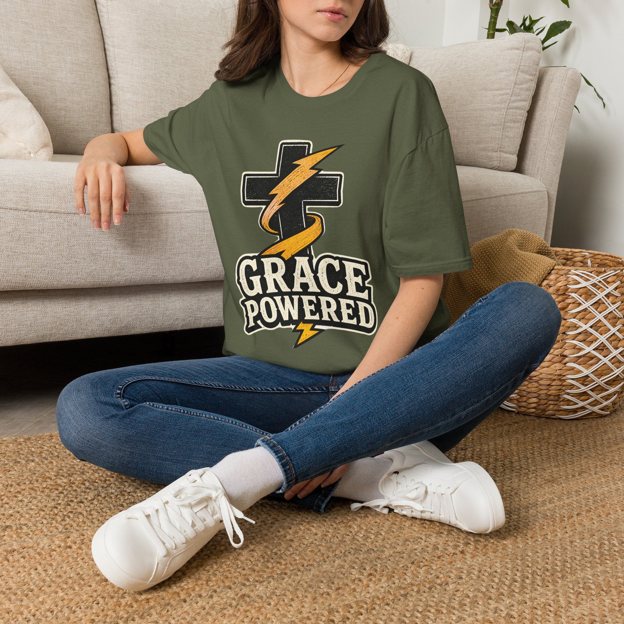 Grace Powered T-Shirt — Faith Cross with Lightning Christian Tee