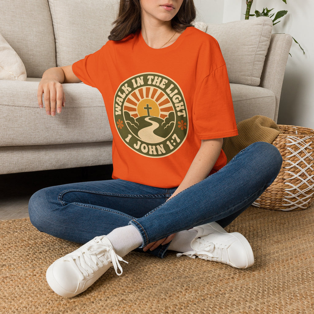 Walk in the Light T-Shirt — Christian Sunrise Design (1 John 1:7)