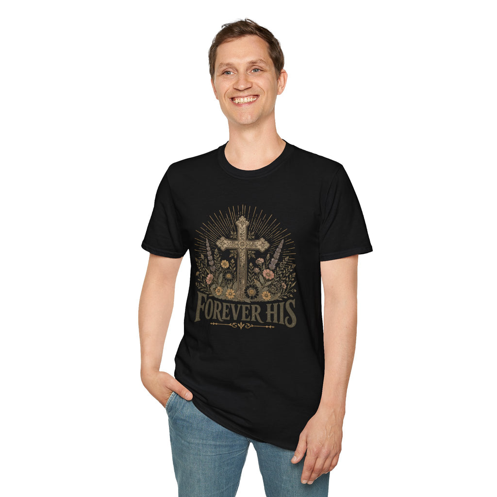 Christian T-Shirt — "Forever His" Cross Floral Graphic Tee