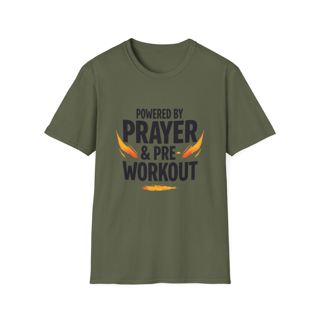 Prayer & Pre-Workout T-Shirt — "Powered by Prayer & Pre-Workout" Christian Fitness Tee