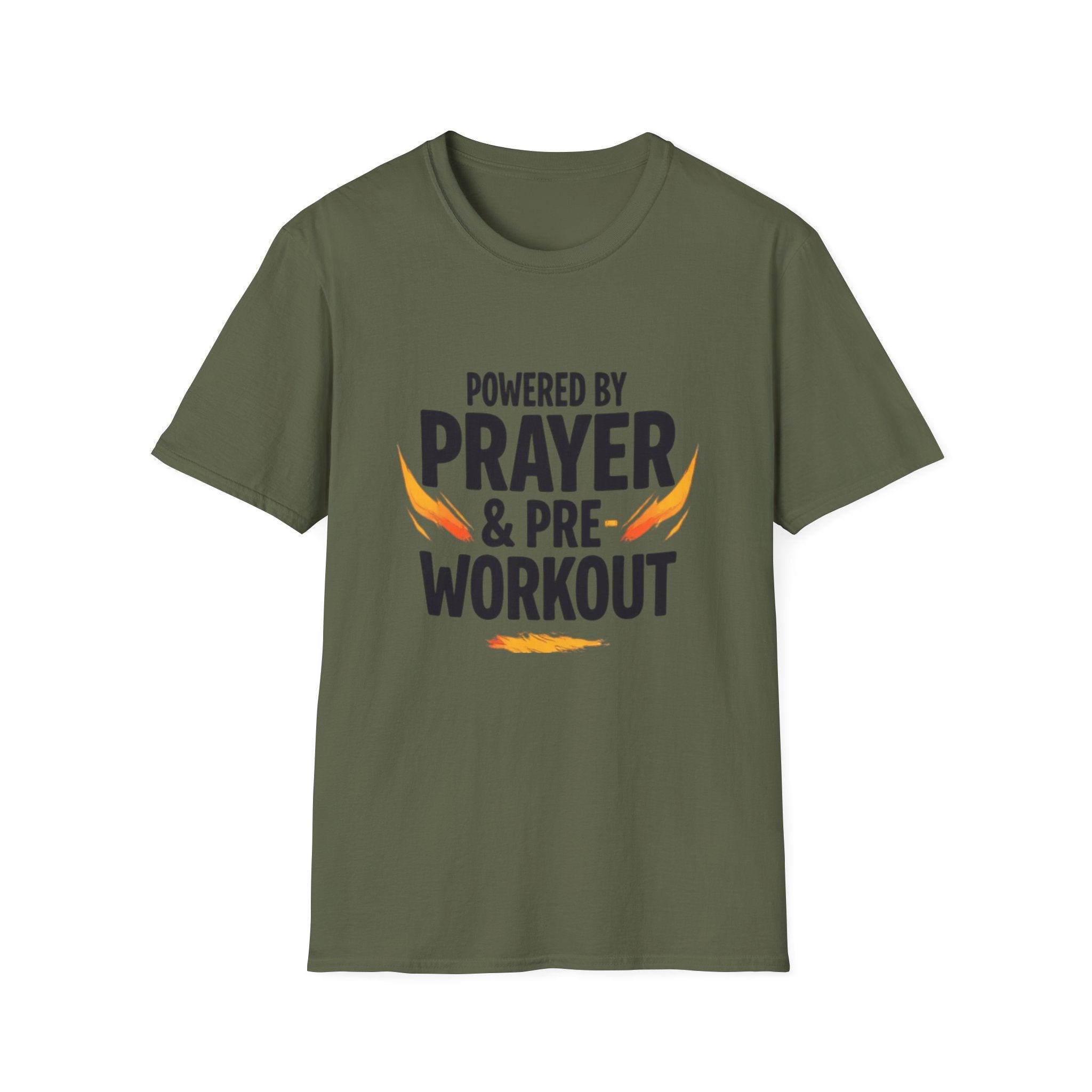 Prayer & Pre-Workout T-Shirt — "Powered by Prayer & Pre-Workout" Christian Fitness Tee